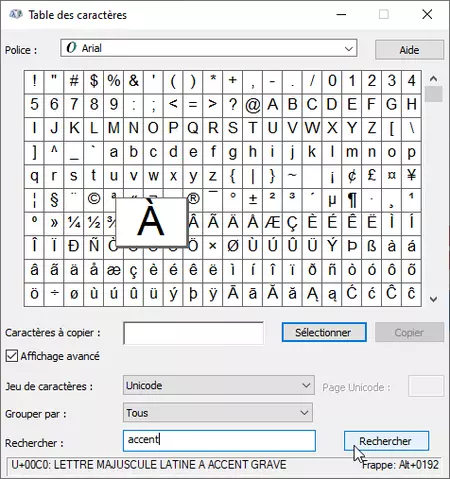 table des caractères de Windows